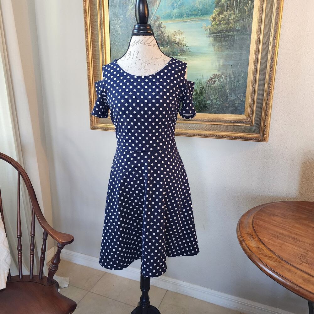 Solgee Cold Shoulder Dress Navy Blue with White Polka Dots Size Medium Stretchy